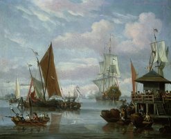Estuary Scene with Boats and Fisherman by Johannes de Blaauw