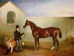 Mr Meakin Holding Sir Robert Peels Chestnut Hunter With His Dogs Hector And Jem by John E Ferneley