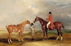 Portrait Of John Drummond On A Hunter With A Groom Holding His Second Horse by John E Ferneley
