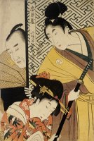 Act II of Chushingura, The Young Samurai Rikiya, with Konami, Honzo Partly Hidden Behind The Door by Kitagawa Utamaro