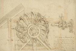 Great Sling Rotating On Horizontal Plane Great Wheel And Crossbows Devices From Atlantic Codex by Leonardo da Vinci