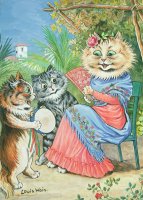 Mother cat with fan and two kittens by Louis Wain