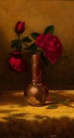 Red Roses in a Japanese Vase on a Gold Velvet Cloth 2 by Martin Johnson Heade