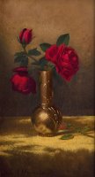 Red Roses in a Japanese Vase on a Gold Velvet Cloth by Martin Johnson Heade
