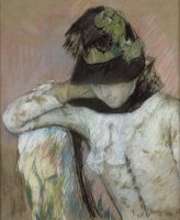 Young Woman in a Black And Green Bonnet, Looking Down by Mary Cassatt