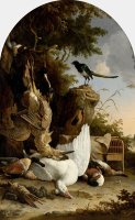 A Hunter's Bag Near a Tree Stump with a Magpie, Known As 'the Contemplative Magpie' by Melchior de Hondecoeter