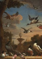 Classical Garden Landscape with a Mallard, a Golden Eagle, And Other Wild Fowl in Flight by Melchior de Hondecoeter