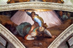 The Sistine Chapel Ceiling Frescos After Restoration David And Goliath by Michelangelo Buonarroti