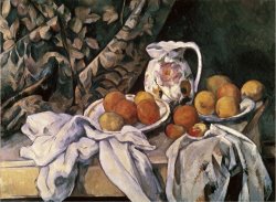 Curtain Carafe And Fruit by Paul Cezanne