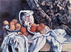 Curtain Carafe And Fruit Still Life with Drapery by Paul Cezanne