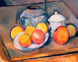 Straw Covered Vase Sugar Bowl And Apples by Paul Cezanne