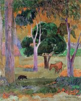 Dominican Landscape Or, Landscape with a Pig And Horse by Paul Gauguin
