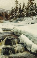 A Winter Landscape With A Mountain Torrent by Peder Monsted