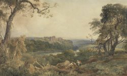 Castle above a River - Woodcutters in the Foreground by Peter de Wint