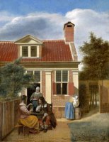 Three Women And a Man in a Yard Behind a House by Pieter de Hooch