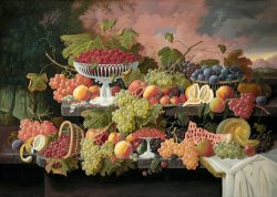 Two Tiered Still Life with Fruit And Sunset Landscape by Severin Roesen