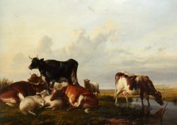 Cattle And Sheep Probably in Canterbury Meadows by Thomas Sidney Cooper