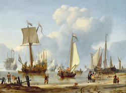 Ships in Calm Water with Figures by the Shore by Abraham Storck