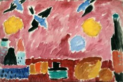 Still Life with Bottle, Bread And Red Wallpaper with Swallows by Alexei Jawlensky