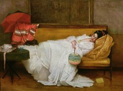  Girl in a white dress resting on a sofa by Alfred Emile Stevens