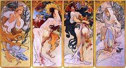 Cropped Print of Four Panels Each Depicting One of The Four Seasons Personified by a Woman by Alphonse Marie Mucha