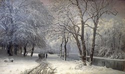 A Winter Landscape with Horses And Carts by a River by Anders Andersen-Lundby
