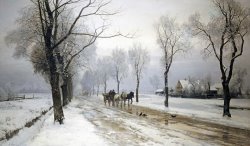 An Extensive Winter Landscape with a Horse And Cart by Anders Andersen-Lundby