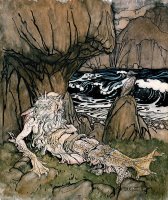 A Crowned 'merman' a Sea God Sleeping on a Rocky Shore by Arthur Rackham