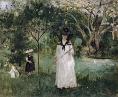 La Chasse Aux Papillons Madame Pontillon, Nee Edma Morisot (1839 1921), Soeur De L'artiste Et Ses Filles Jeanne Et Blanche by Berthe Morisot