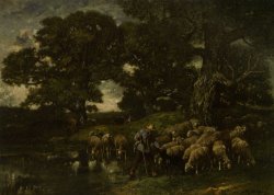 A Shepherd And His Flock by a Pond by Charles Emile Jacque