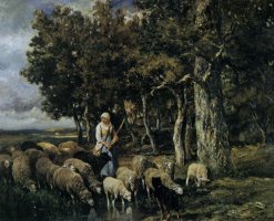 Shepherdess Watering Flock by Charles Emile Jacque