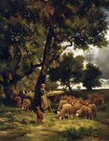 The Shepherdess And Her Flock by Charles Emile Jacque