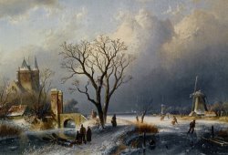 A Winter Landscape with Figures Near a Castle by Charles Henri Joseph Leickert