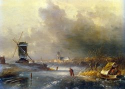 Winter Landscape with Skaters on a Frozen River by Charles Henri Joseph Leickert