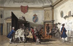 Wachtlokaal Met Lezende, Rokende En Kaartspelende Officieren by Cornelis Troost