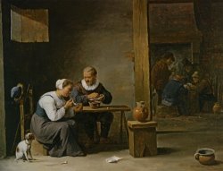 A Man And Woman Smoking a Pipe Seated in an Interior with Peasants Playing Cards on a Table by David the younger Teniers