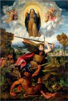 Saint Michael with The Devil And Our Lady of The Assumption Between Angels by Dosso Dossi