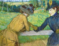 Two women leaning on a gate by Edgar Degas
