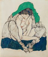 Crouching Woman with Green Headscarf by Egon Schiele