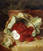 Raspberries in a Cabbage Leaf Lined Basket with White Convulus on a Stone Ledge 1880 by Eloise Harriet Stannard