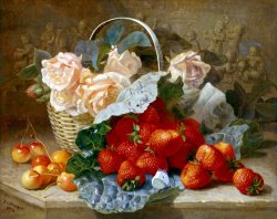 Still Life of Summer Fruit And Peach Roses by Eloise Harriet Stannard
