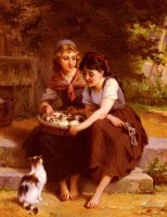 Two Girls with a Basket of Kittens by Emile Munier