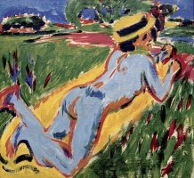 Reclining Nude in Blue with Straw Hat by Ernst Ludwig Kirchner
