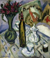 Teapot Bottle And Red Flowers by Ernst Ludwig Kirchner