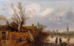 Cottages And Frozen River by Esaias Van De Velde