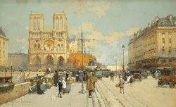 Figures On A Sunny Parisian Street Notre Dame At Left by Eugene Galien-Laloue