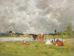 Cows in a Field under a Stormy Sky by Eugene Louis Boudin