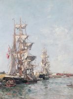 Three-masted Boats at the Quay in Deauville Harbour by Eugene Louis Boudin