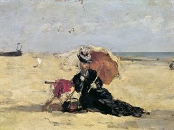 Woman with a Parasol on the Beach by Eugene Louis Boudin