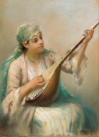 Woman Playing a String Instrument by Fausto Zonaro
